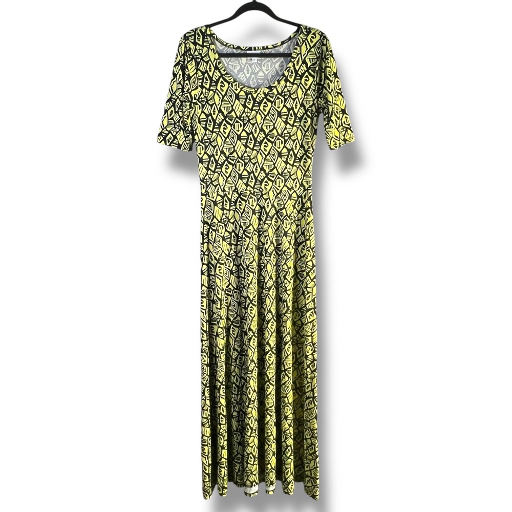 LuLaRoe Women Size Medium Maxi Dress Yellow‎ Black Geometric Print